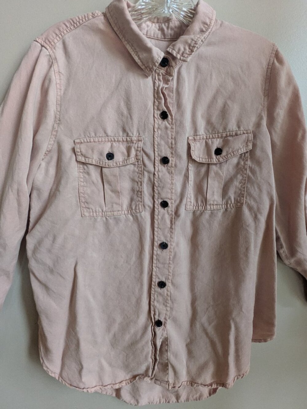Knox Rose dusty pink button down shirt roll tab sleeves pocket 100% lyocell #748